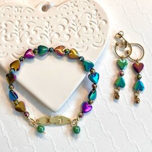 Iridescent Heart Charm Bracelet Hematine Fold Over Clasp